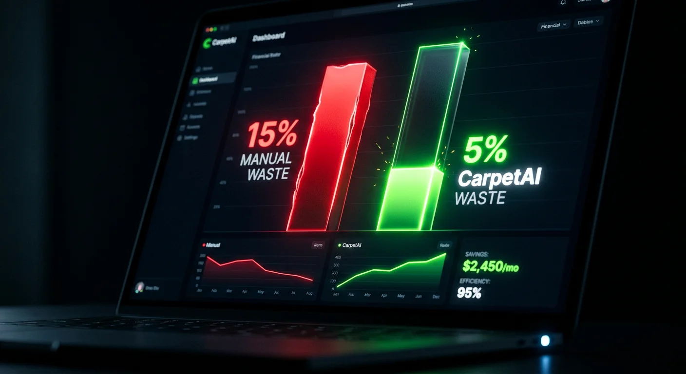 传统人工地毯算料 15% 损耗与 CarpetAI 5% 极限损耗数据对比